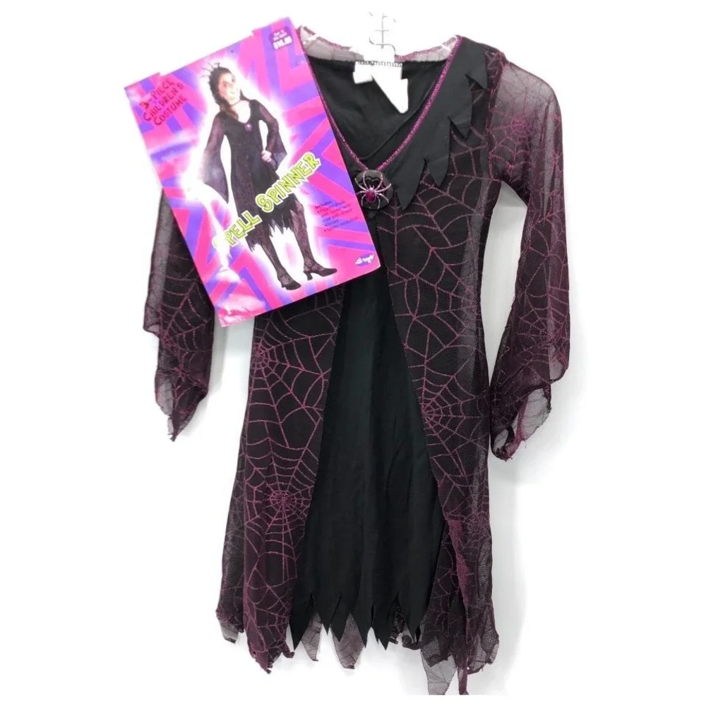 Spell Spinner Kids Size 4-6 Witch Halloween Costume Dress Web Coat Spider Medall